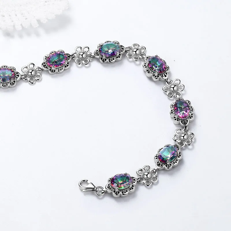 Women Vintage Tennis Bracelet Rainbow Mystic Topaz Jewelry Flower Oval Girls Gifts 925 Sterling Silver