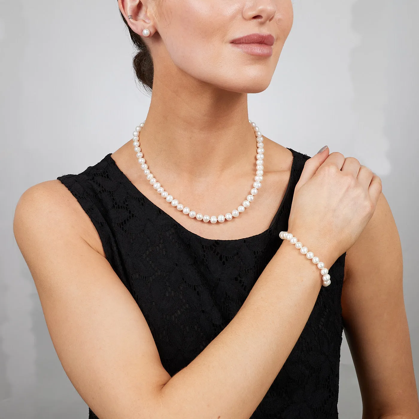 Womens Pearl Necklace Set | Elegant 7mm White Cultured Freshwater Pearl Neklace Bracelet Stud Earrings Set